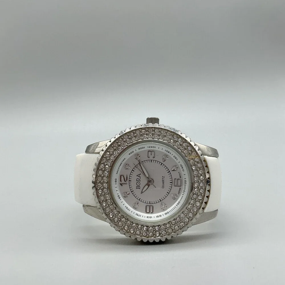 BORA Womens Watch 39mm Silver Tone White Silicone Crystals New Battery